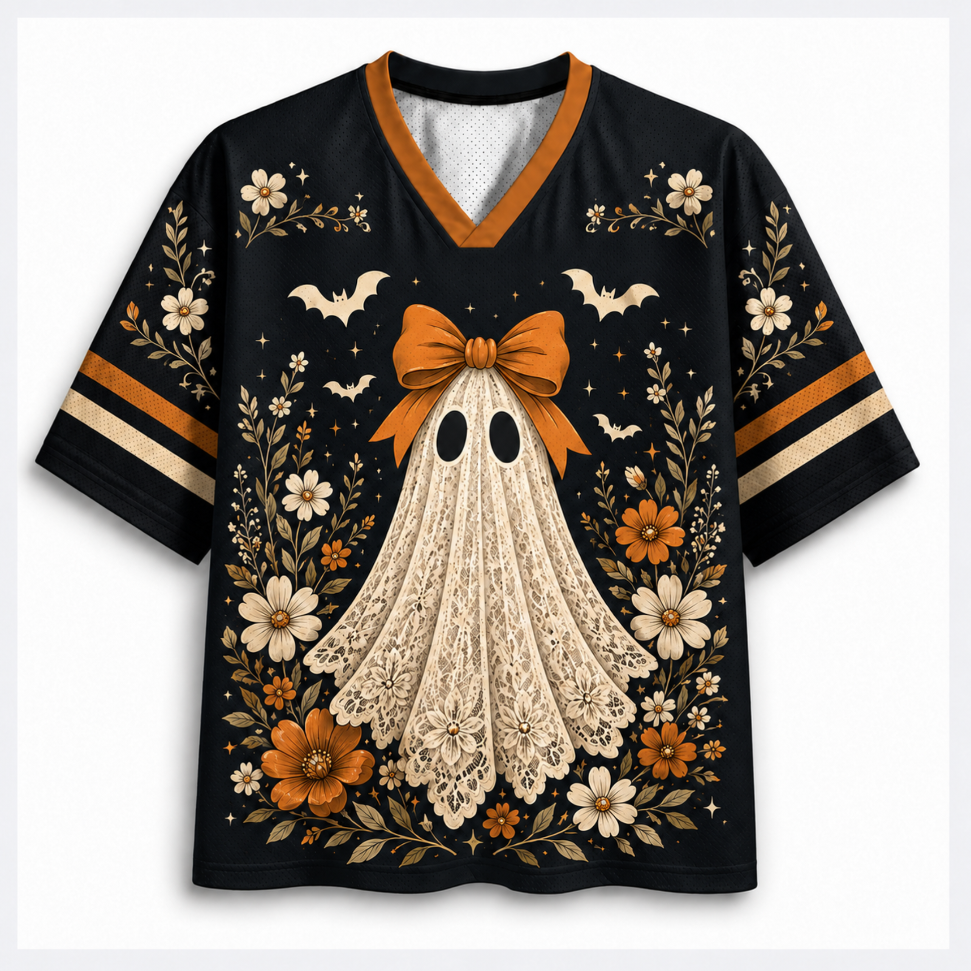 A black V-neck short-sleeve jersey-style shirt with an orange and cream Halloween graphic featuring a lace-textured ghost, orange bow, white bats, and cream and orange flowers, shown on a light gray background.