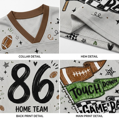 Four-panel product detail collage showing a white mesh football jersey: collar detail with a brown V-neck trim, hem detail, back print detail with large black '86 HOME TEAM' text, and main front print detail with 'TOUCH DOWN GAME DAY' graphics and football motifs.