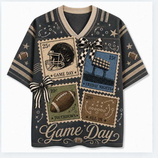 A dark gray v-neck t-shirt with a vintage football theme, featuring four retro postage stamp designs on the front with football helmets, a stadium, a football, and a touchdown, along with 'Game Day' text and striped bow details.