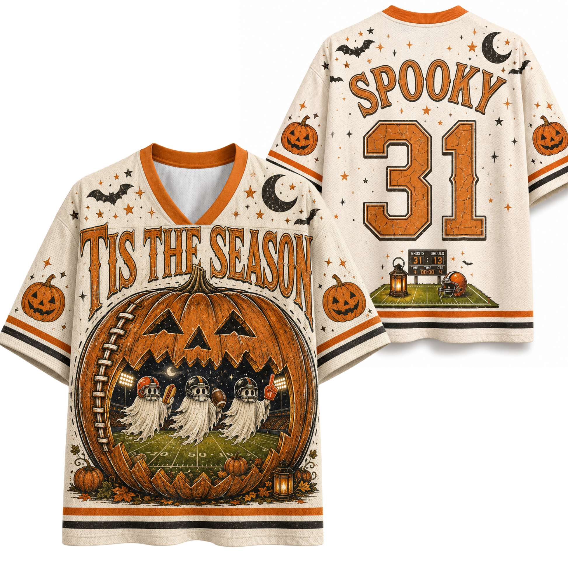 Front and back mockup preview of the cream and orange Chaotic Club Halloween football jersey featuring pumpkin ghosts on a field and number 31.