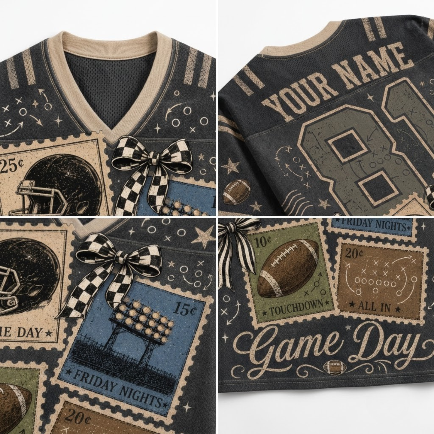 A 4-panel close-up collage of a football-themed mock jersey. The panels show details of the dark gray and beige fabric, including a checkered bow, a large number '81', customizable text 'YOUR NAME', and vintage-style football stamps with 'FRIDAY NIGHTS' and 'Game Day'.
