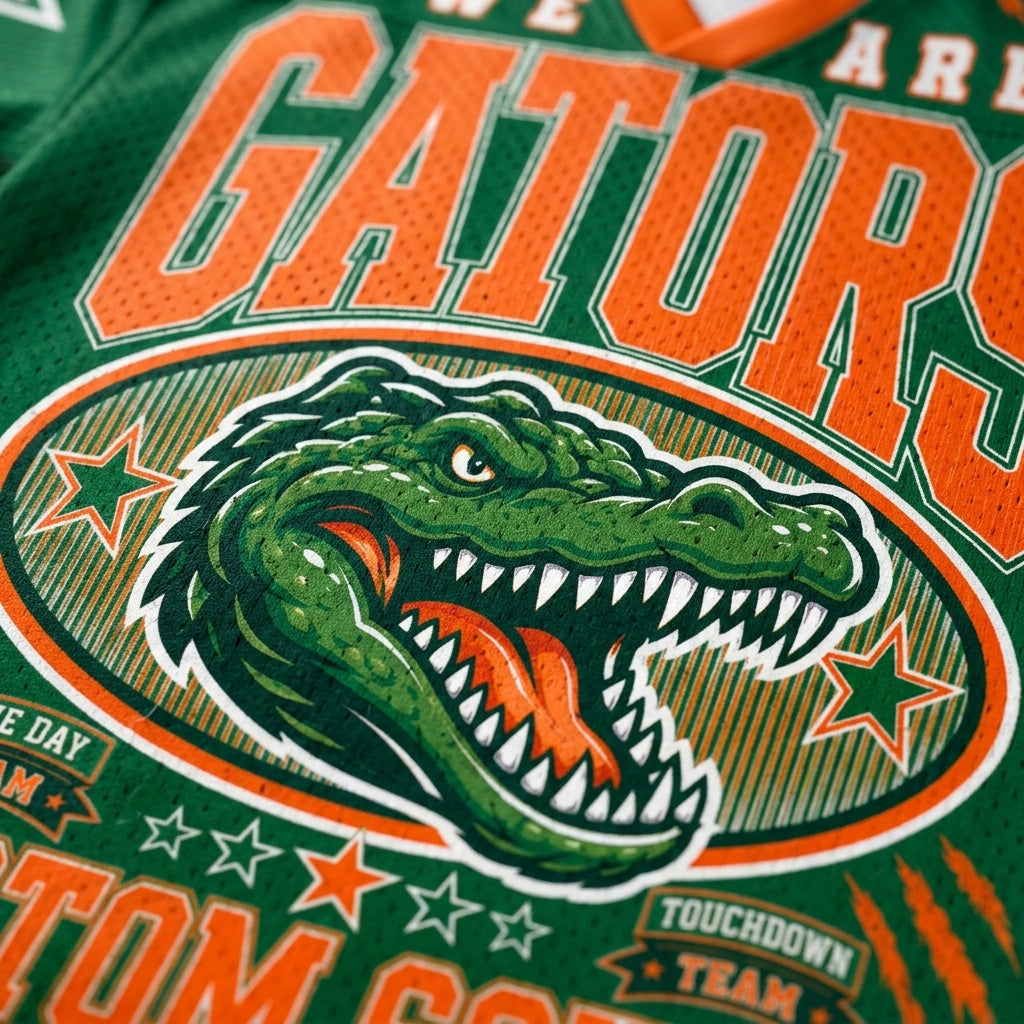 Close-up of a green athletic jersey with a large orange and green Florida Gators alligator logo and team text.