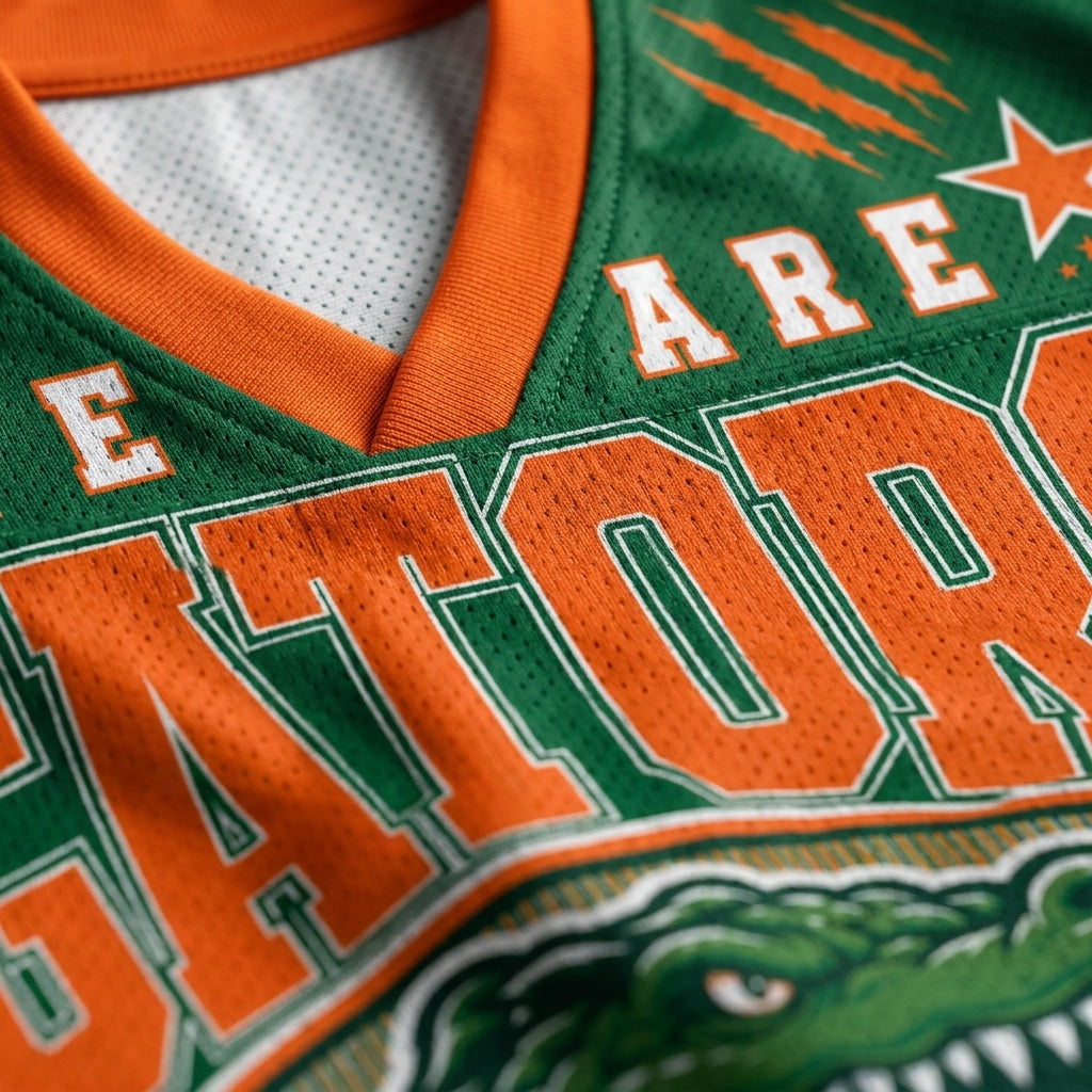 Close-up of a green and orange Florida Gators athletic jersey showing the team name, a star logo, and part of the gator graphic.