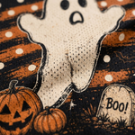 Macro close-up shot of the graphic print on mesh fabric, focusing on the high-definition distressed textures of the ghost, orange polka dot stripes, and Boo tombstone.