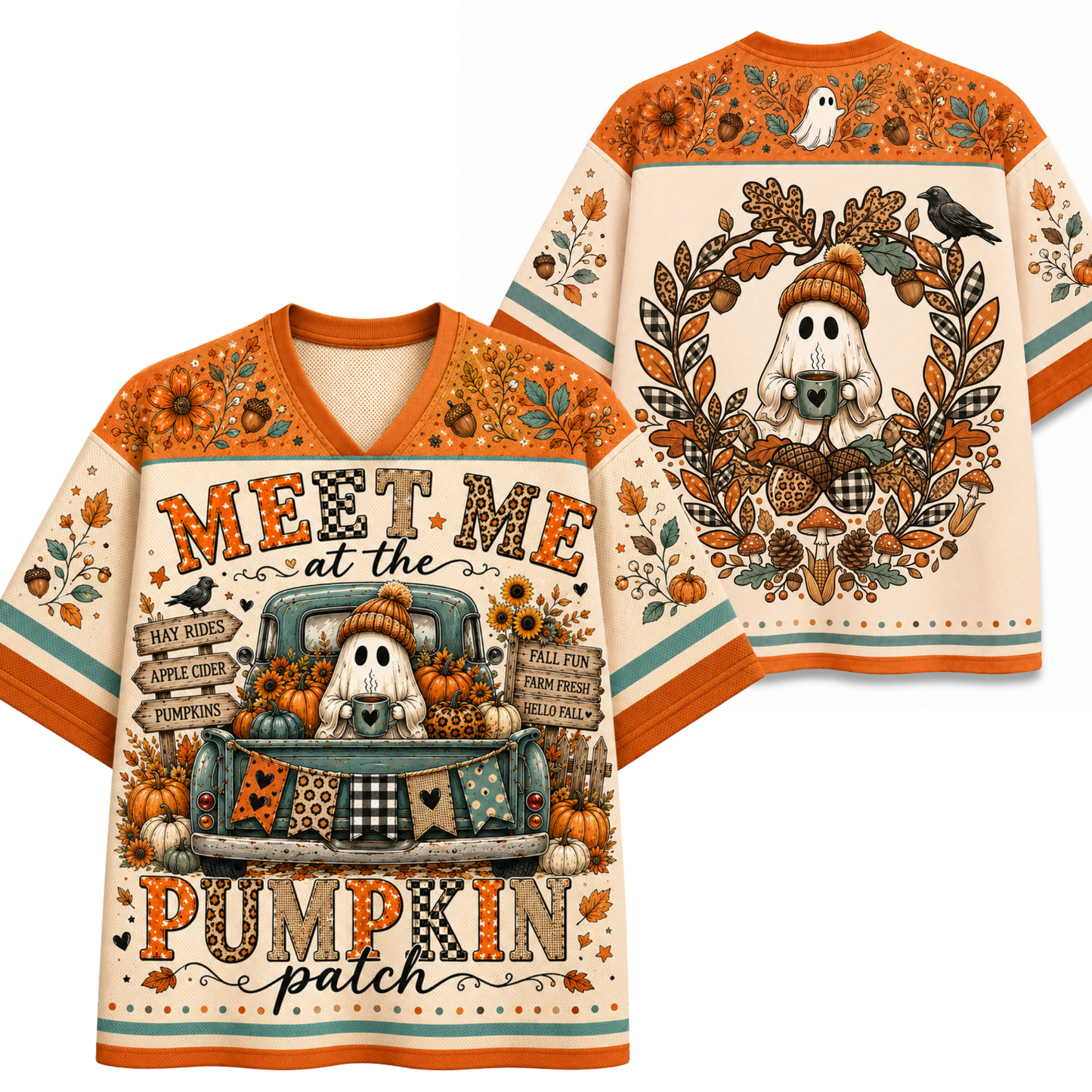 Front and back mockup preview of the cream and orange Chaotic Club autumn jersey featuring a ghost in a teal pickup truck and an autumn leaf wreath.
