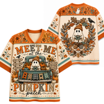 Front and back mockup preview of the cream and orange Chaotic Club autumn jersey featuring a ghost in a teal pickup truck and an autumn leaf wreath.