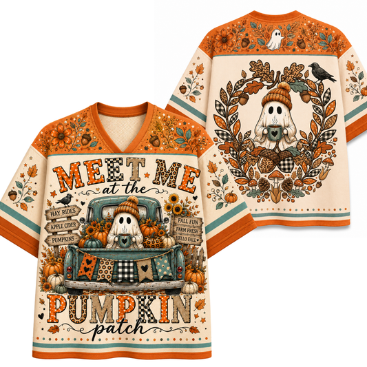 Front and back mockup preview of the cream and orange Chaotic Club autumn jersey featuring a ghost in a teal pickup truck and an autumn leaf wreath.