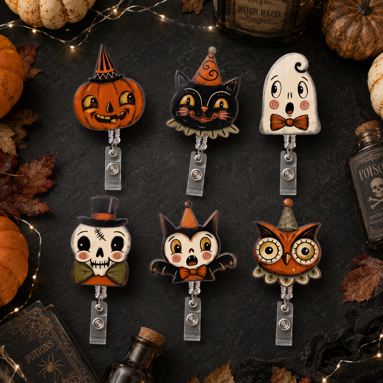 Six Halloween-themed retractable badge reel holders arranged on a dark surface with autumn props. The designs include a jack-o'-lantern, a black cat, a ghost, a skeleton, a bat, and an owl, each with a clear reel and silver metal clip.