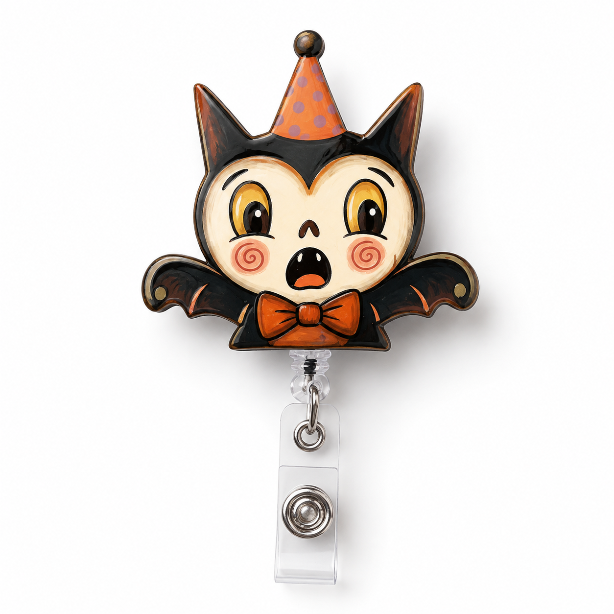 A Halloween-themed retractable badge reel featuring a cartoon bat character with large eyes, an orange party hat, and an orange bow tie, attached to a clear plastic reel on a white background.