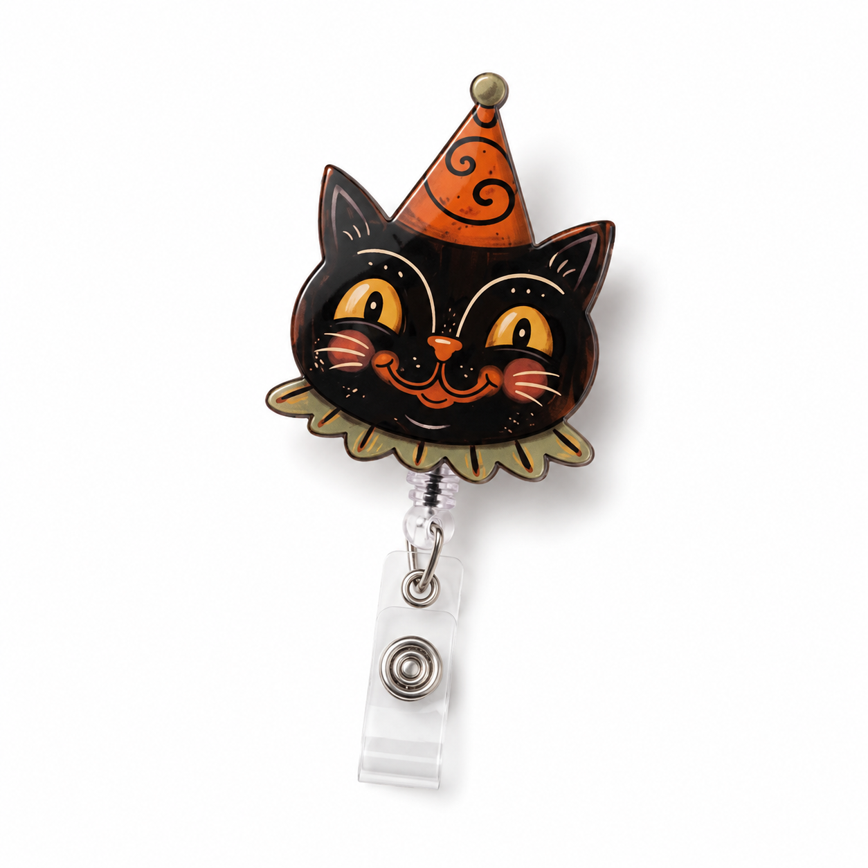 A Halloween-themed retractable badge reel featuring a cute black cat wearing an orange party hat, attached to a clear plastic clip on a white background.