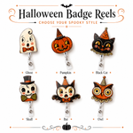 Six Halloween-themed badge reel designs arranged in a grid on a white background, with decorative header text reading 'Halloween Badge Reels' and labels beneath each style: Ghost, Pumpkin, Black Cat, Skull, Bat, and Owl.