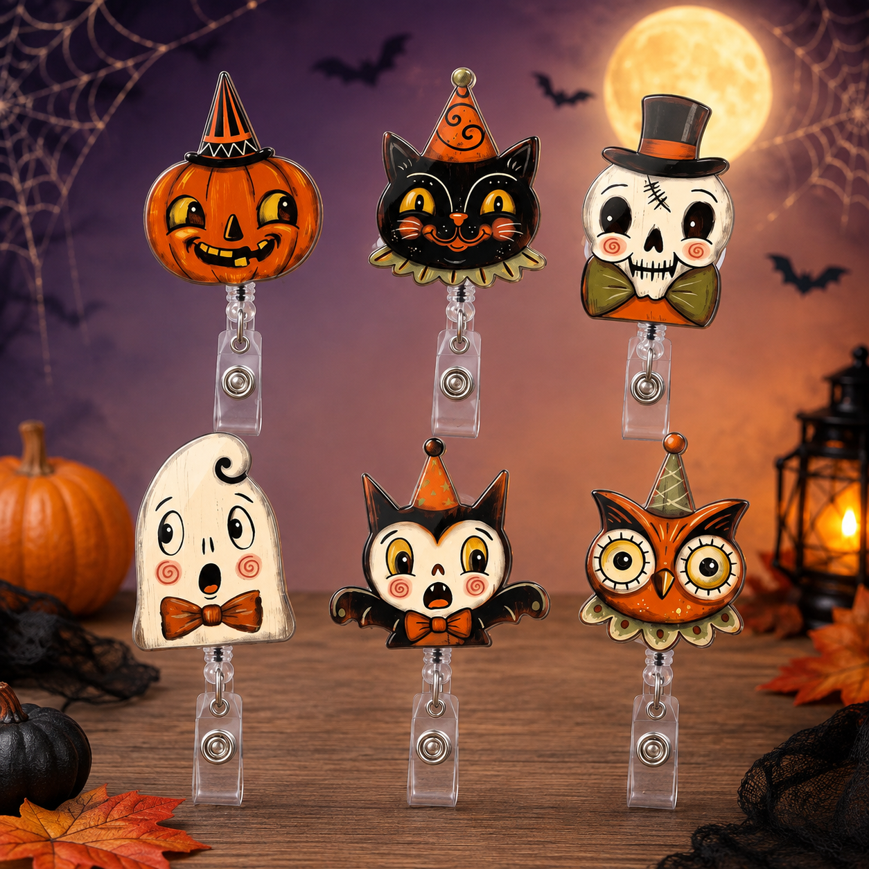 Six Halloween-themed retractable badge reel covers are displayed on a wooden surface against a spooky autumn backdrop. The designs include a jack-o'-lantern, a black cat, a skull, a ghost, a vampire, and an owl, each with clear plastic reels below.