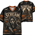 A Halloween-themed short-sleeve graphic T-shirt shown from the front and back on a plain white background. The shirt is black with orange trim and features large 'HALLOWEEN SCREAM' text, a ghost-face figure holding a knife, pumpkins, bats, spiders, stars, a haunted house, and spooky decorative elements.