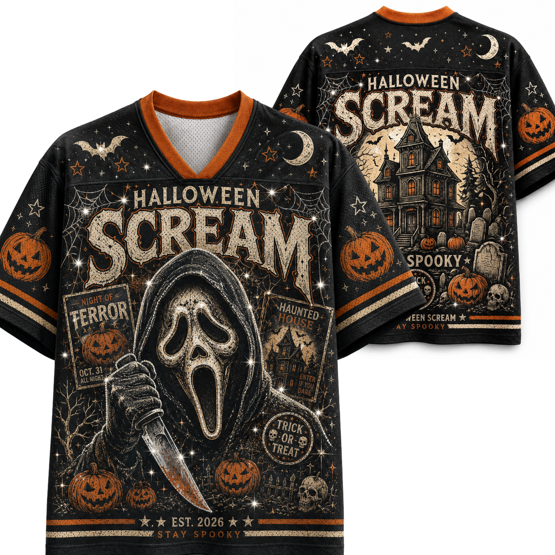 A Halloween-themed short-sleeve graphic T-shirt shown from the front and back on a plain white background. The shirt is black with orange trim and features large 'HALLOWEEN SCREAM' text, a ghost-face figure holding a knife, pumpkins, bats, spiders, stars, a haunted house, and spooky decorative elements.