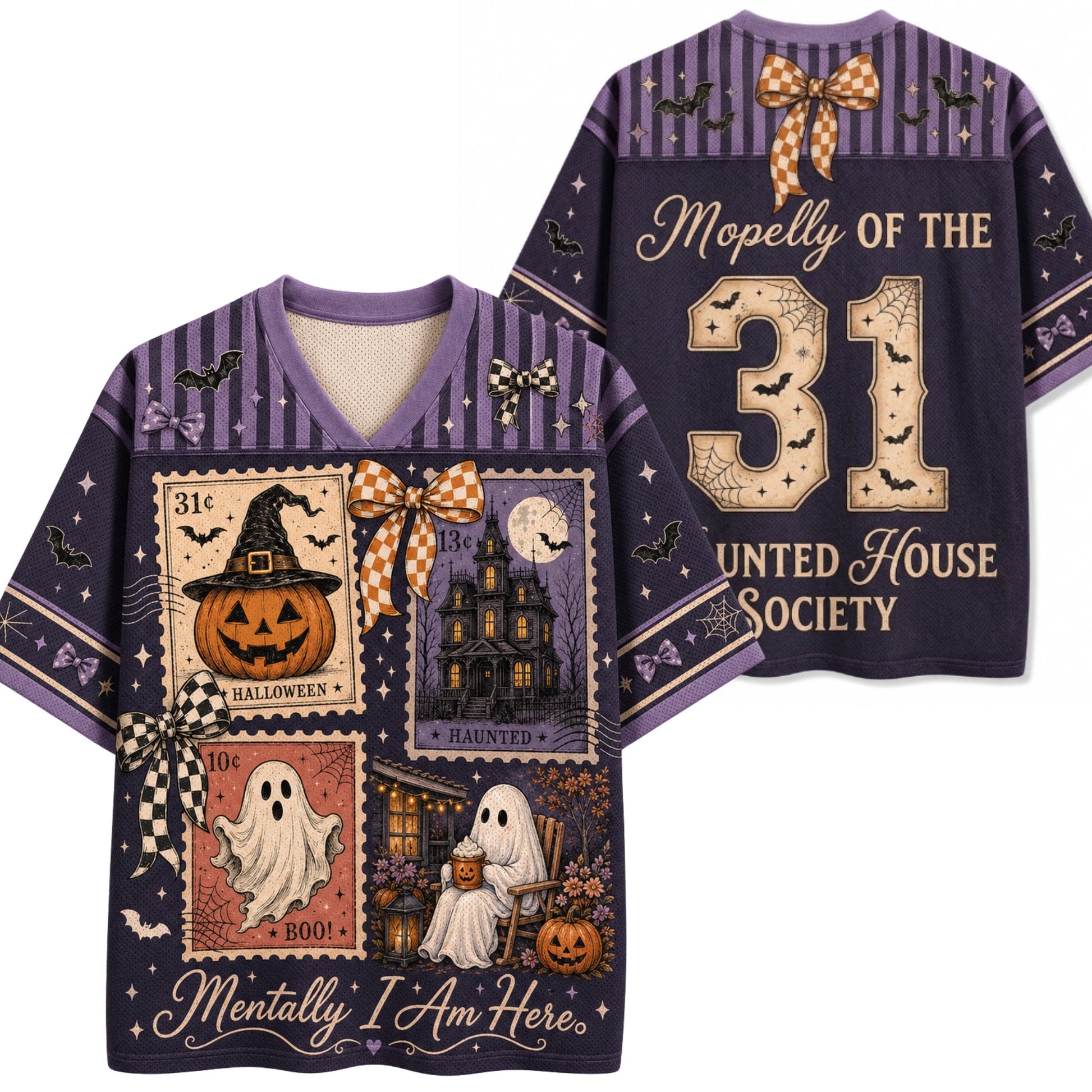 A Halloween-themed short-sleeve V-neck t-shirt shown from both front and back. The shirt features a dark purple base with a collage of vintage postage stamps depicting a haunted house, a jack-o'-lantern, a ghost, and a witch hat, accented with orange-and-white checkered bows, black bats, and gold text reading 'Mopelly of the 31 United House Society' and 'Mentally I Am Here.