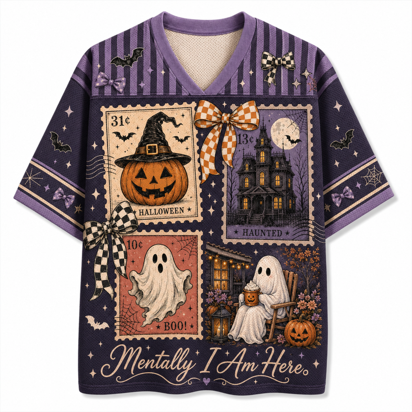 A purple short-sleeve V-neck t-shirt with a detailed Halloween collage print on the front, featuring vintage-style stamps, a haunted house, a jack-o'-lantern, ghosts, bats, and the text 'Mentally I Am Here.'.