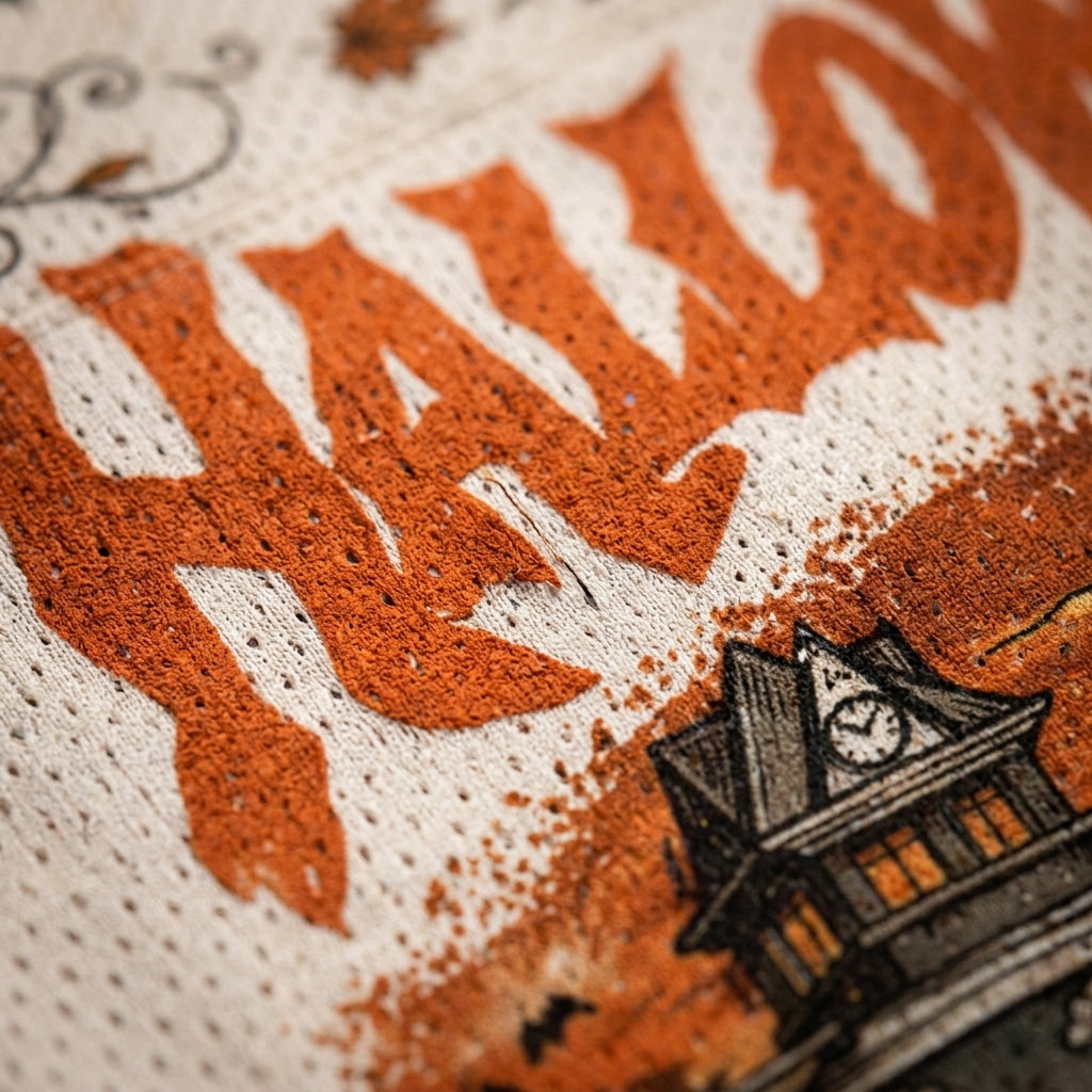 Close-up of a Halloween-themed textile design featuring large orange distressed lettering and a black-and-orange haunted house illustration on a textured cream fabric.