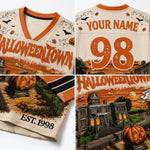 A four-panel close-up collage of a custom Halloween-themed football jersey. The top-left panel shows the front chest with 'HALLOWEENTOWN' in orange distressed lettering, bats, and pumpkins.