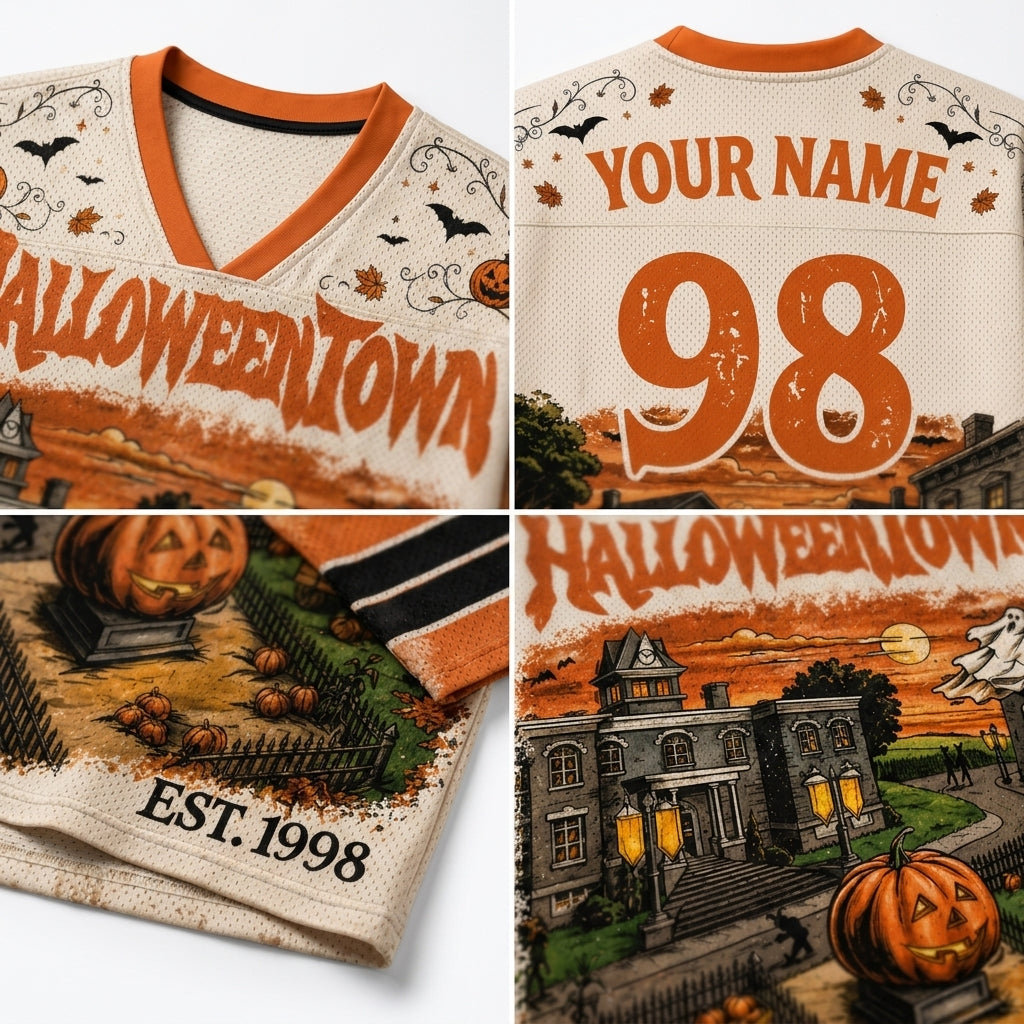 A four-panel close-up collage of a custom Halloween-themed football jersey. The top-left panel shows the front chest with 'HALLOWEENTOWN' in orange distressed lettering, bats, and pumpkins.