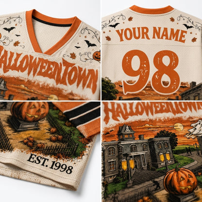 A four-panel close-up collage of a custom Halloween-themed football jersey. The top-left panel shows the front chest with 'HALLOWEENTOWN' in orange distressed lettering, bats, and pumpkins.