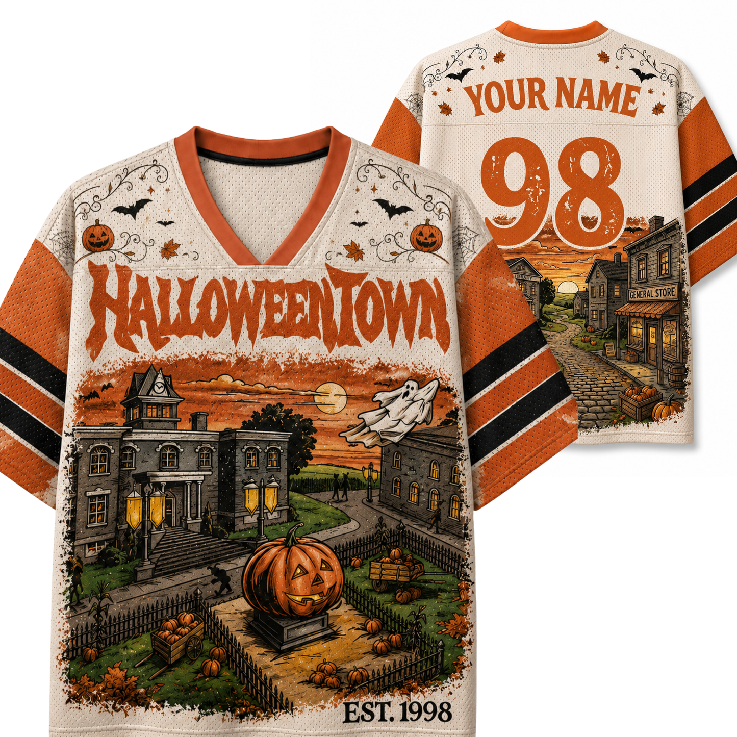 A custom Halloween-themed football jersey shown from both the front and back. The jersey features a cream-colored body with orange and black striped sleeves, a V-neck collar, and a detailed graphic of a haunted house, a jack-o'-lantern, a ghost, and spooky town buildings.