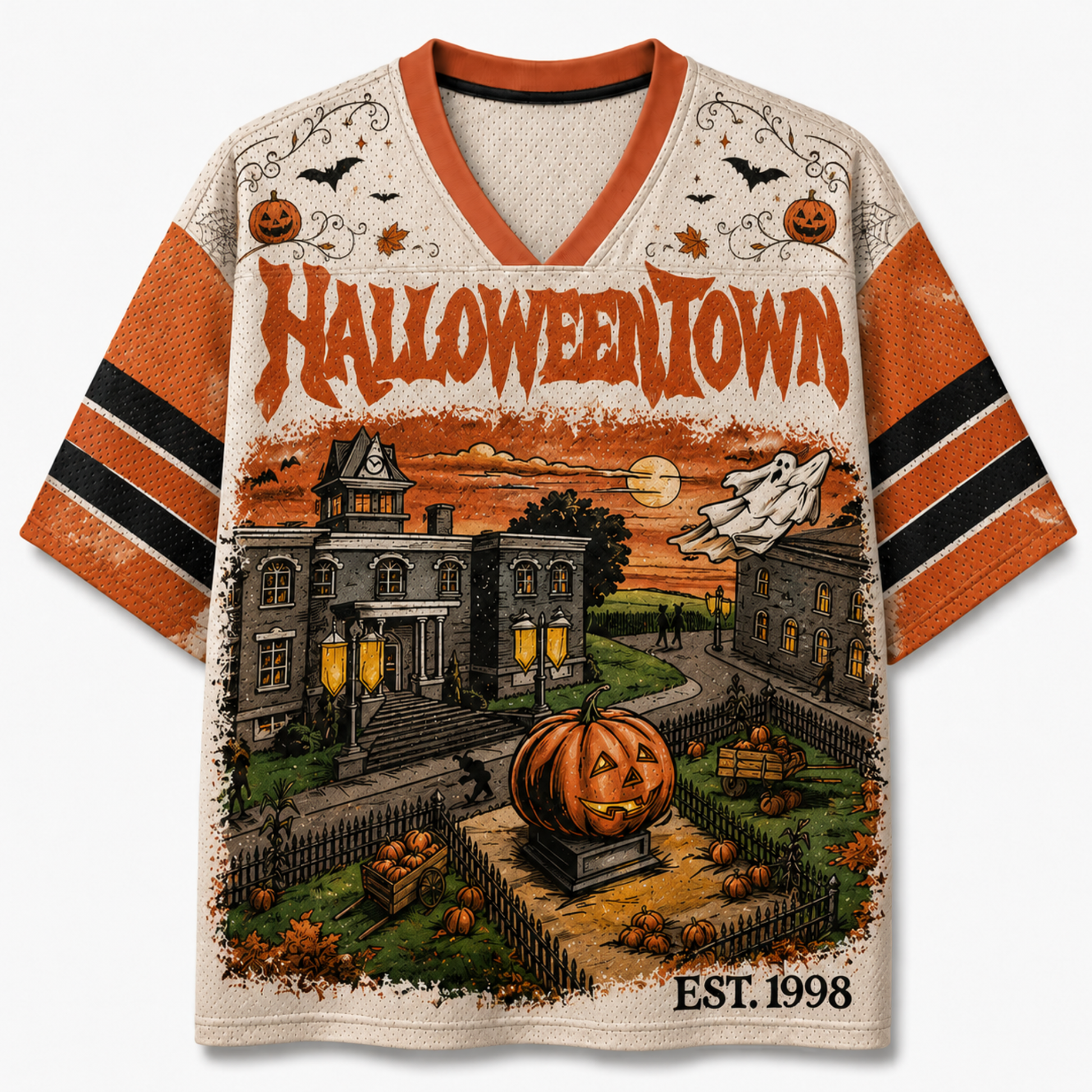 Chaotic Club vintage Halloween town mesh jersey front view showing orange V-neck collar, bold HALLOWEENTOWN typography, town hall, and pumpkin patch.