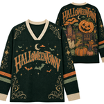 A dark green long-sleeve V-neck sweater shown from both front and back, featuring Halloween-themed graphics including 'HalloweenTown' text, pumpkins, bats, ghosts, stars, and a haunted house on the back.