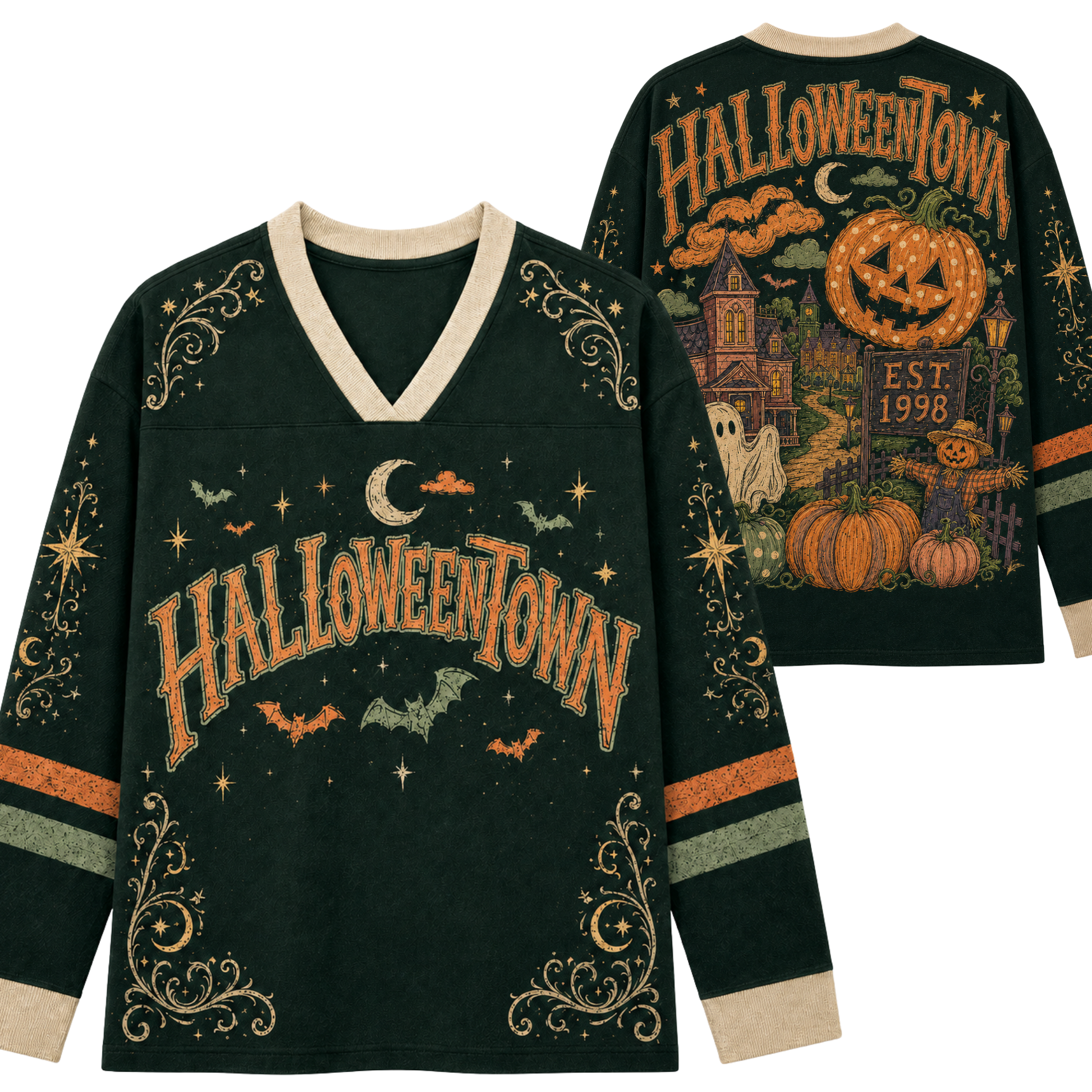 A dark green long-sleeve V-neck sweater shown from both front and back, featuring Halloween-themed graphics including 'HalloweenTown' text, pumpkins, bats, ghosts, stars, and a haunted house on the back.