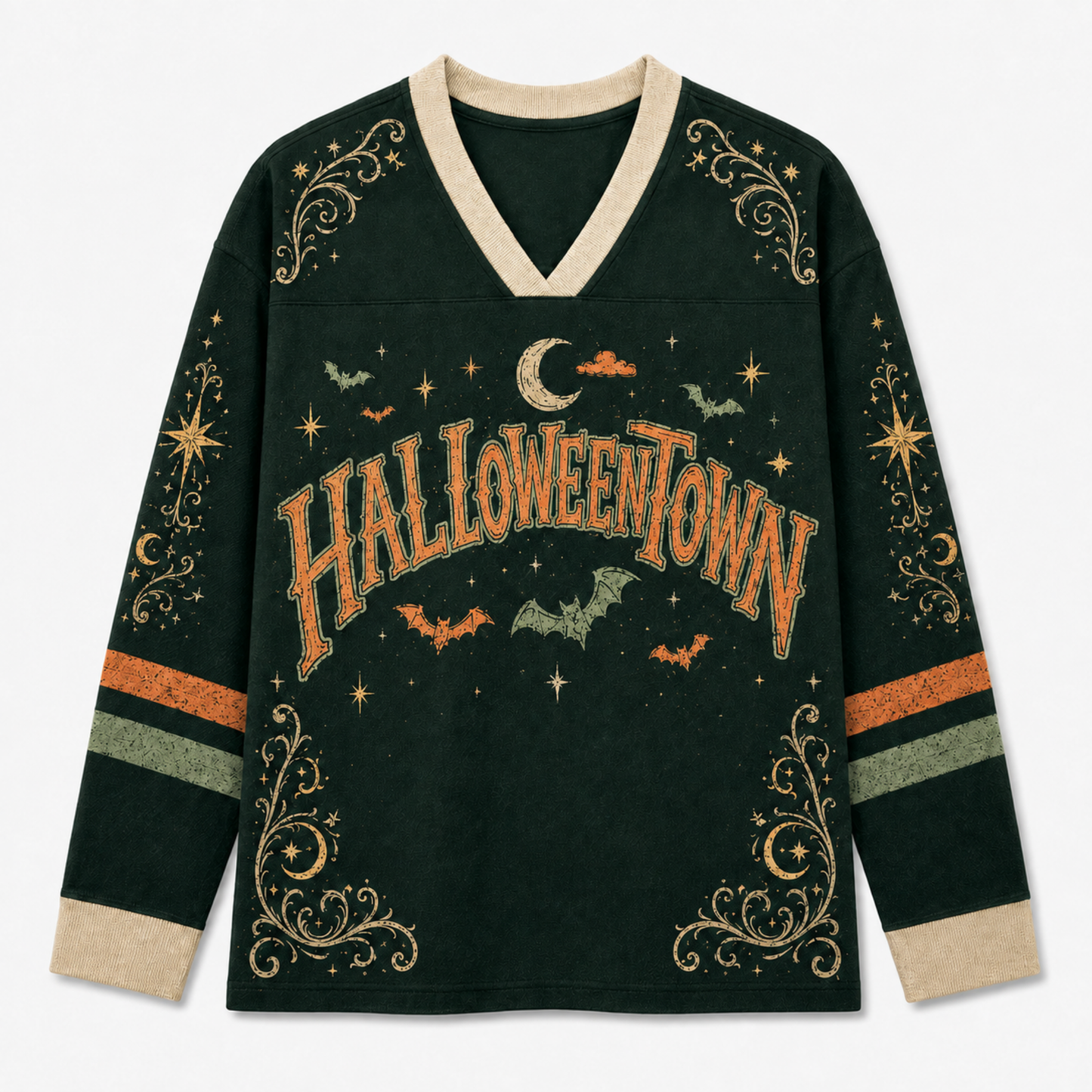 A dark forest green long-sleeve V-neck sweater with a distressed orange 'HALLOWEENTOWN' graphic across the chest, decorated with bats, stars, moons, and gold swirl patterns on the sleeves and hem.