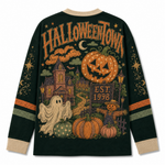 A dark green long-sleeve crewneck sweatshirt shown from the back, featuring a large, detailed Halloween-themed graphic print with 'HALLOWEENTOWN' text, a jack-o'-lantern, a haunted house, a ghost, pumpkins, and a scarecrow. The sweatshirt has beige ribbed cuffs and collar, and orange and green stripes on the sleeves.