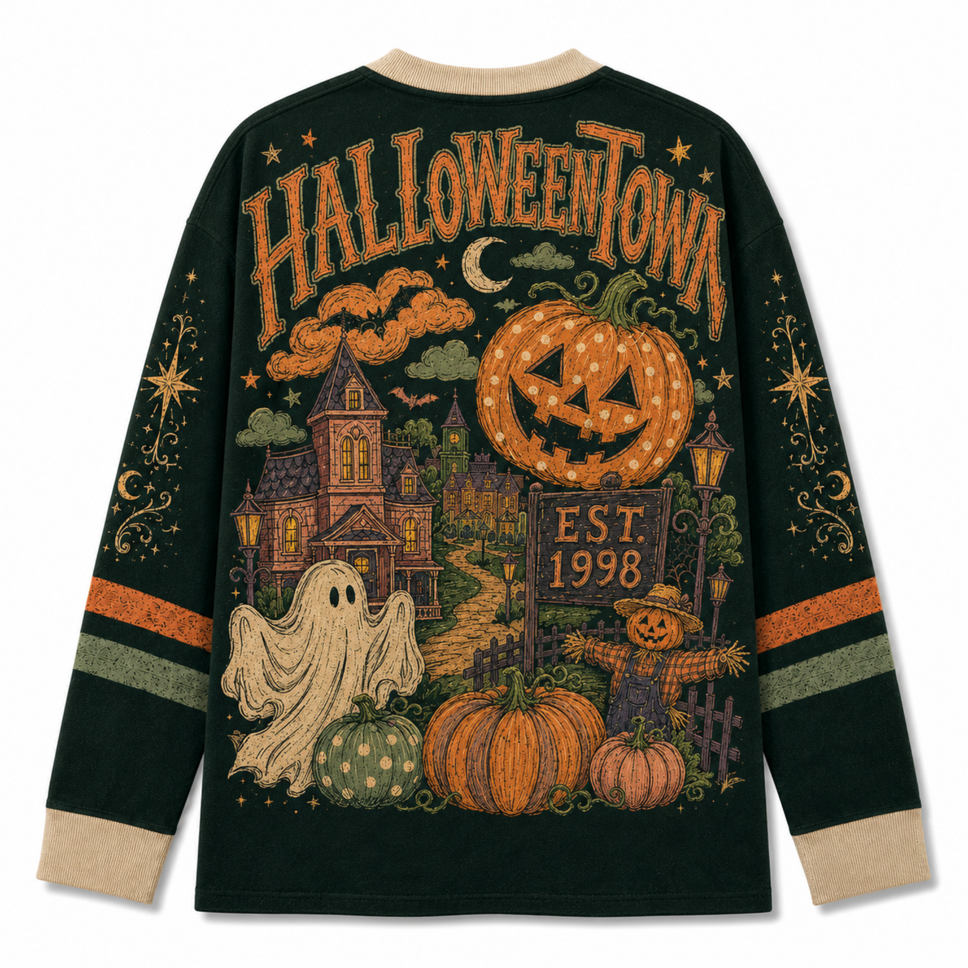 A dark green long-sleeve crewneck sweatshirt shown from the back, featuring a large, detailed Halloween-themed graphic print with 'HALLOWEENTOWN' text, a jack-o'-lantern, a haunted house, a ghost, pumpkins, and a scarecrow. The sweatshirt has beige ribbed cuffs and collar, and orange and green stripes on the sleeves.