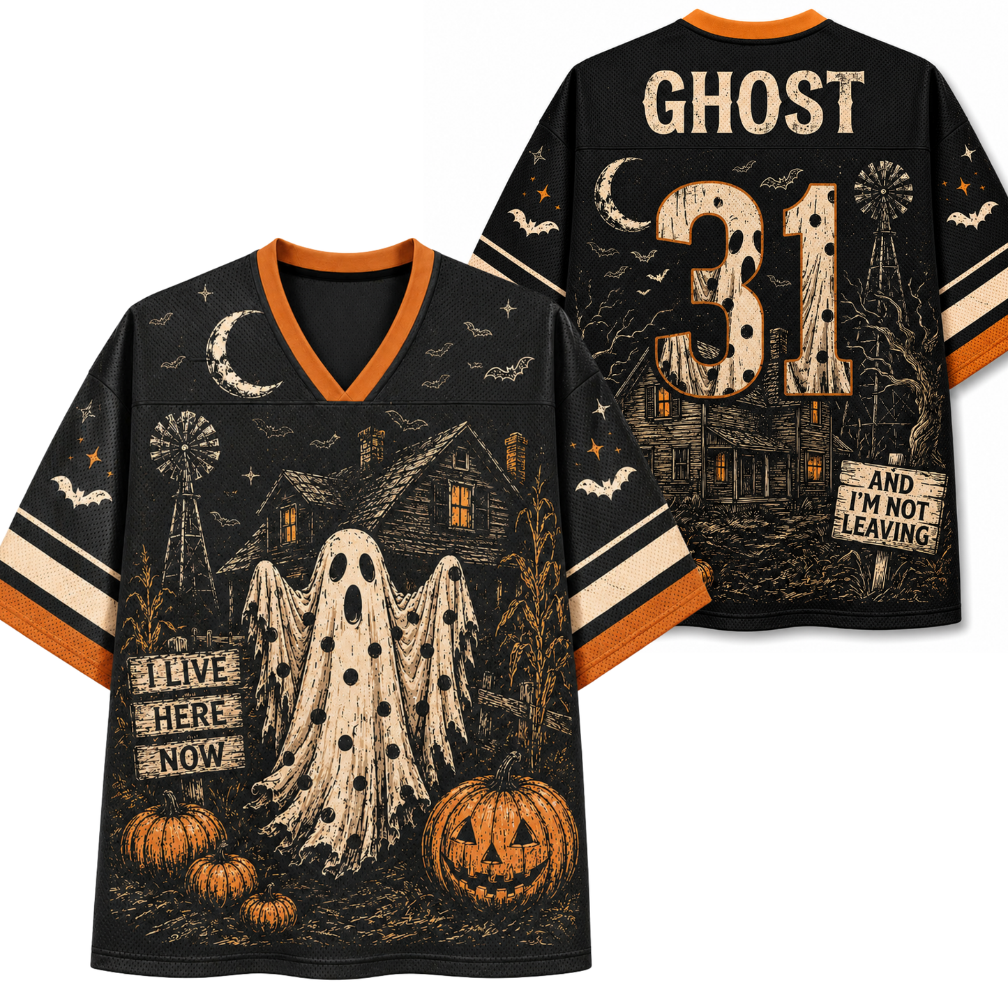 A black V-neck football-style jersey shown from the front and back, featuring a Halloween graphic with a ghost, haunted house, pumpkins, bats, moon, and windmill. The front reads 'I LIVE HERE NOW' and the back reads 'GHOST 31 AND I'M NOT LEAVING'.