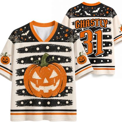 Front and back mockup preview of the cream and orange Chaotic Club Halloween jersey featuring a large Jack-O-Lantern pumpkin, polka dot stripes, and Ghastly number 31.