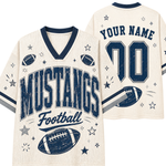 Front and back views of a cream mesh football jersey with navy blue graphics, including 'MUSTANGS Football', stars, footballs, and 'YOUR NAME 00' on the back.