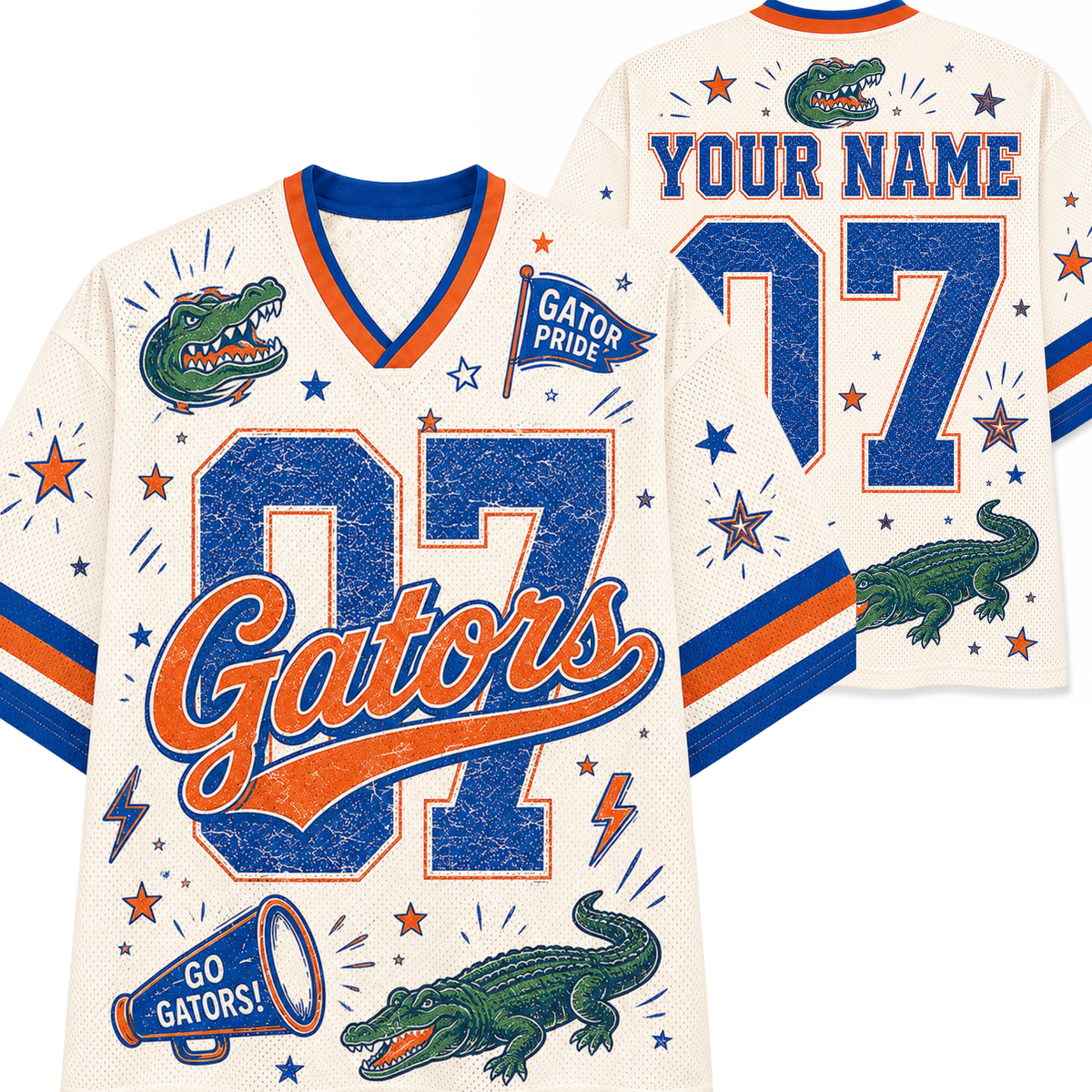 Front and back view of Chaotic Club Vintage Mascot Cheer Pennant Game Day Mesh Jersey with custom name, varsity numbers, and school spirit graphics.