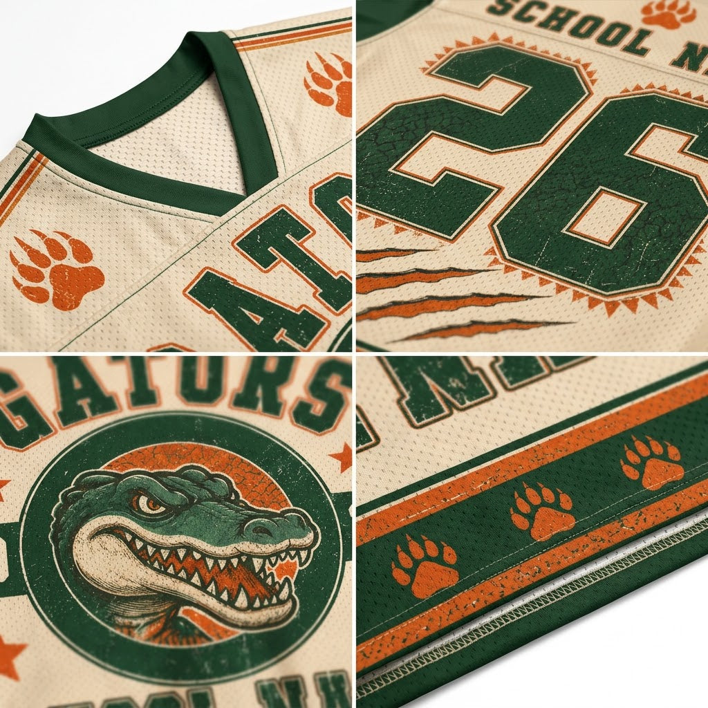A close-up collage of a distressed athletic jersey showing the cream mesh fabric, dark green trim, orange paw prints, a large green number 26, and a circular alligator mascot logo with the word GATORS.