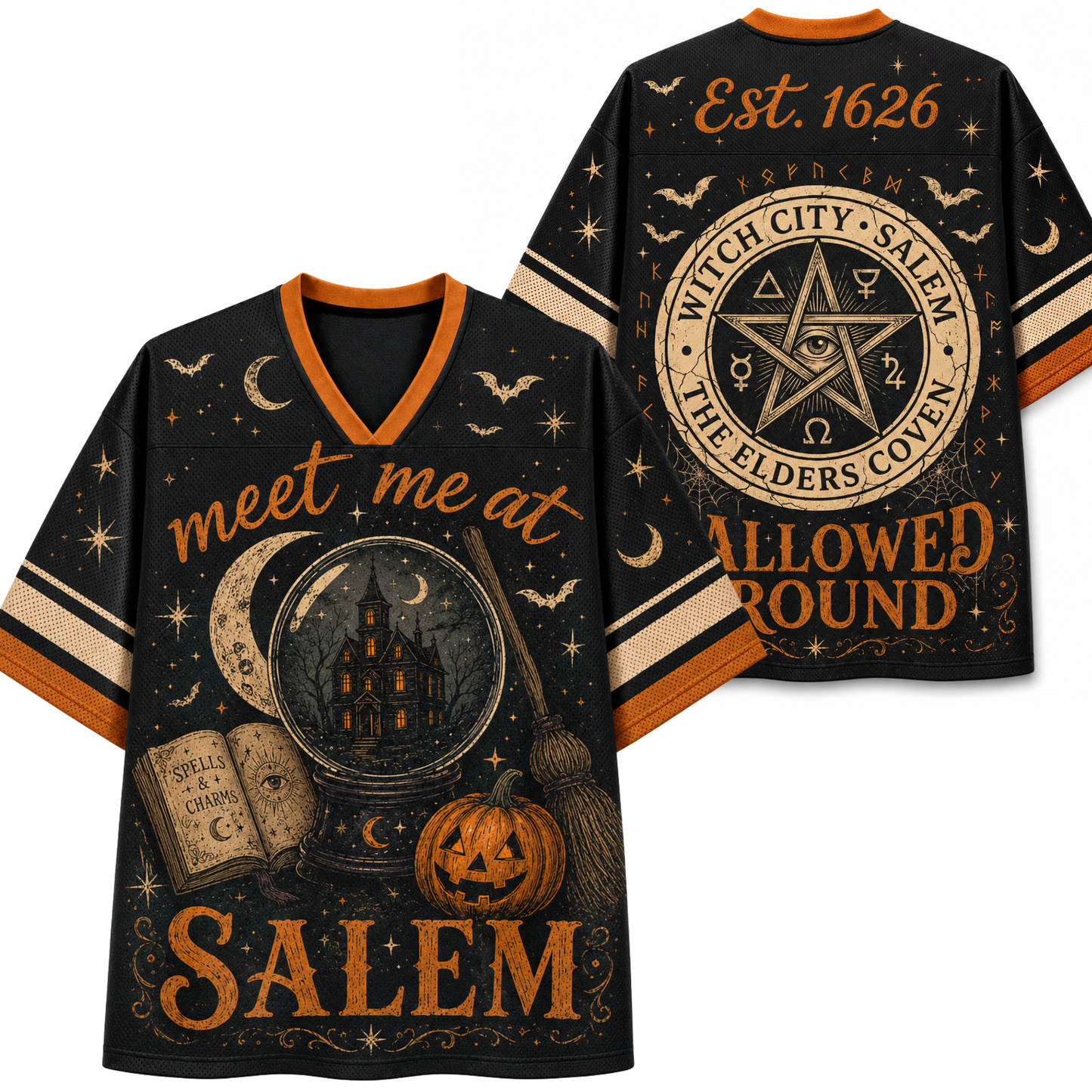 Front and back mockup preview of the black and orange Chaotic Club Halloween jersey featuring a Salem crystal ball graphic on the front and a witch coven pentagram seal on the back.
