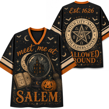 Front and back mockup preview of the black and orange Chaotic Club Halloween jersey featuring a Salem crystal ball graphic on the front and a witch coven pentagram seal on the back.