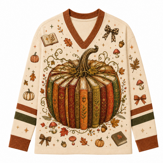 A cream-colored long-sleeve V-neck sweater featuring a large autumn-themed graphic print. The design includes a central pumpkin made of stacked books, surrounded by leaves, acorns, mushrooms, bows, and stars in warm fall colors like orange, brown, and green.