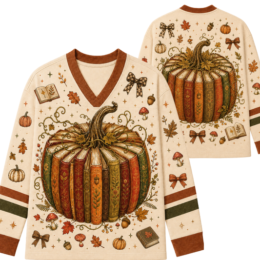 Front and back view mockup of the cream and brown Chaotic Club long sleeve jersey featuring a vintage book stack shaped like a pumpkin, cottagecore mushrooms, and autumn leaves.