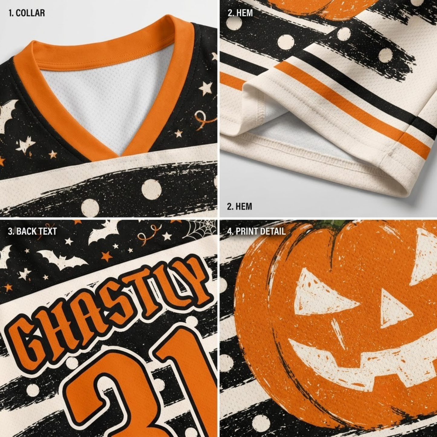 A four-panel product detail collage showing a Halloween-themed sports jersey: collar with orange trim, hem with orange and black stripes, back text reading 'GHOSTLY 31' on a black distressed background, and a close-up of an orange jack-o'-lantern print.