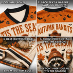 Four-panel product detail collage for a hockey-style graphic shirt. The top row shows the collar and back text/nappe, and the bottom row shows hem and front print detail.