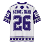 White and purple sports jersey shown from the back with 'SCHOOL NAME' and the number '26' in large purple block letters, plus paw print details and sleeve graphics.