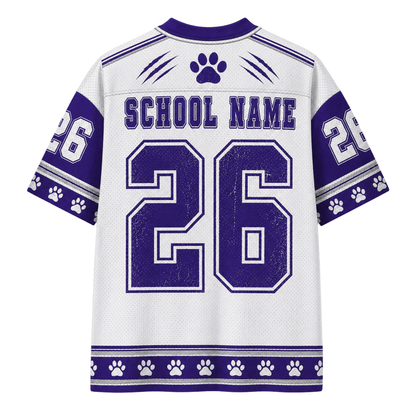 White and purple sports jersey shown from the back with 'SCHOOL NAME' and the number '26' in large purple block letters, plus paw print details and sleeve graphics.
