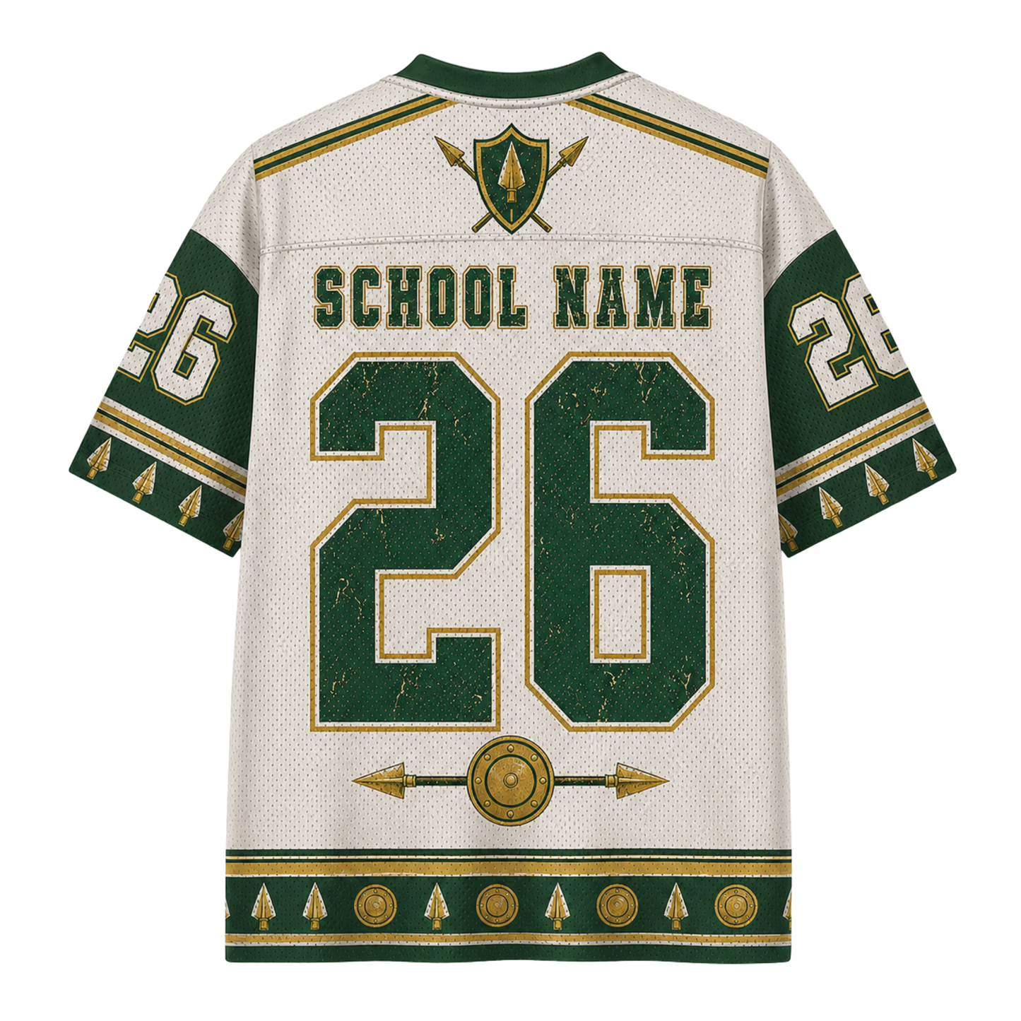 Customizable football jersey back view with green and gold numbers, 'SCHOOL NAME' text, and a shield crest on a white mesh background.