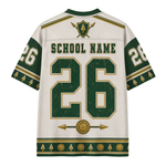 Customizable football jersey back view with green and gold numbers, 'SCHOOL NAME' text, and a shield crest on a white mesh background.