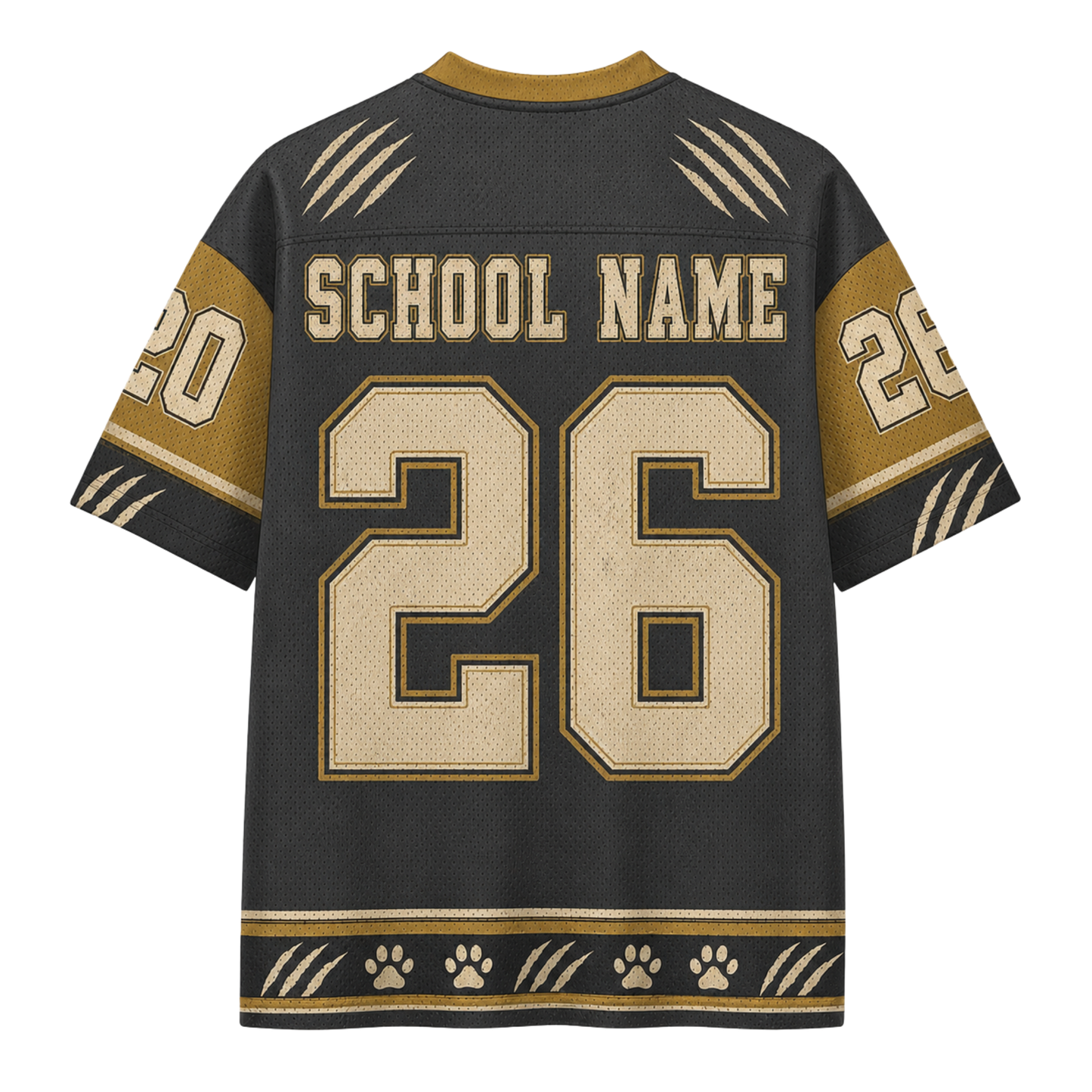 Customizable black and gold sports jersey shown from the back, featuring 'SCHOOL NAME' and the number '26' in beige with gold outlines, complete with paw print and claw graphic details.