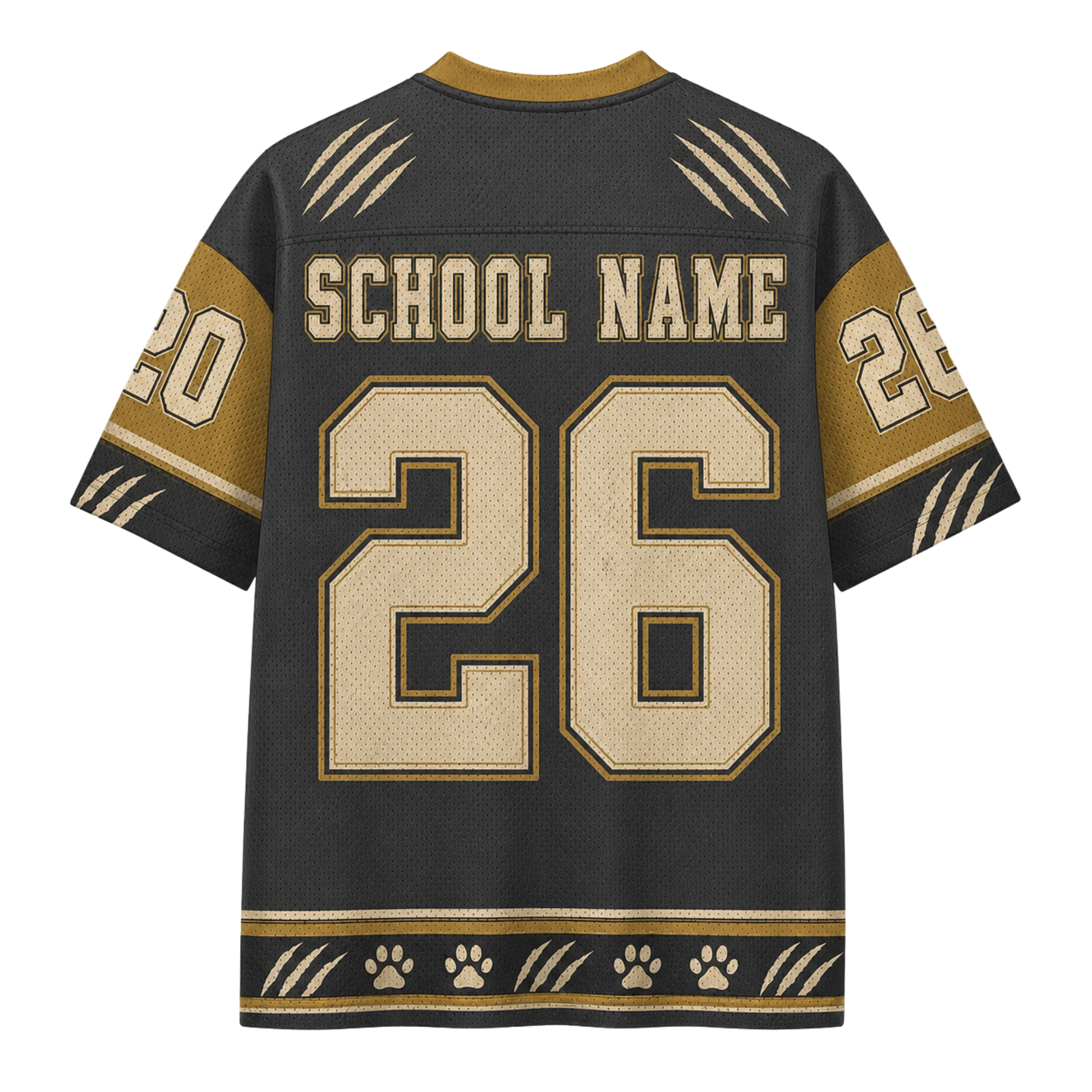 Customizable black and gold sports jersey shown from the back, featuring 'SCHOOL NAME' and the number '26' in beige with gold outlines, complete with paw print and claw graphic details.