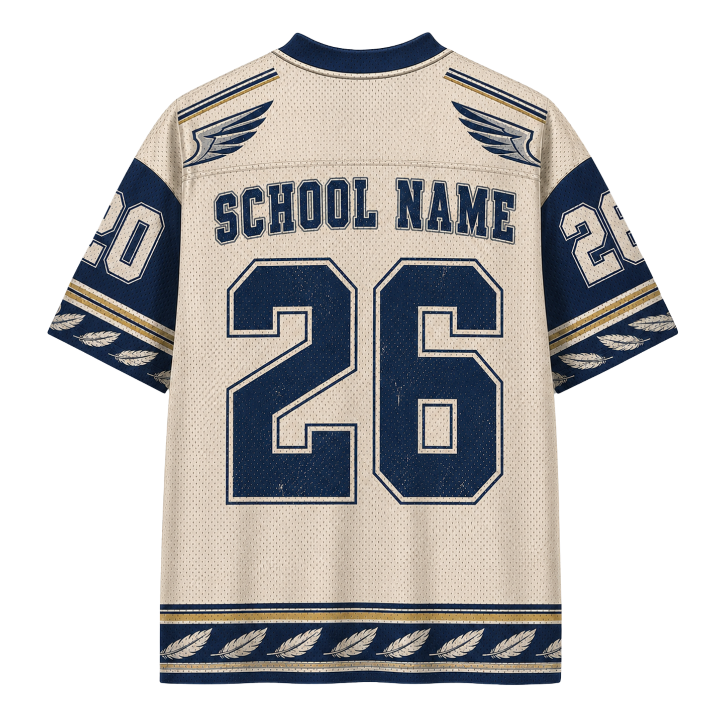 Back view of a customized sports jersey in cream mesh with navy blue and gold accents. The jersey features 'SCHOOL NAME' and the number '26' on the back, with '20' on one sleeve and a decorative pattern along the hem.