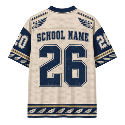 Back view of a customized sports jersey in cream mesh with navy blue and gold accents. The jersey features 'SCHOOL NAME' and the number '26' on the back, with '20' on one sleeve and a decorative pattern along the hem.